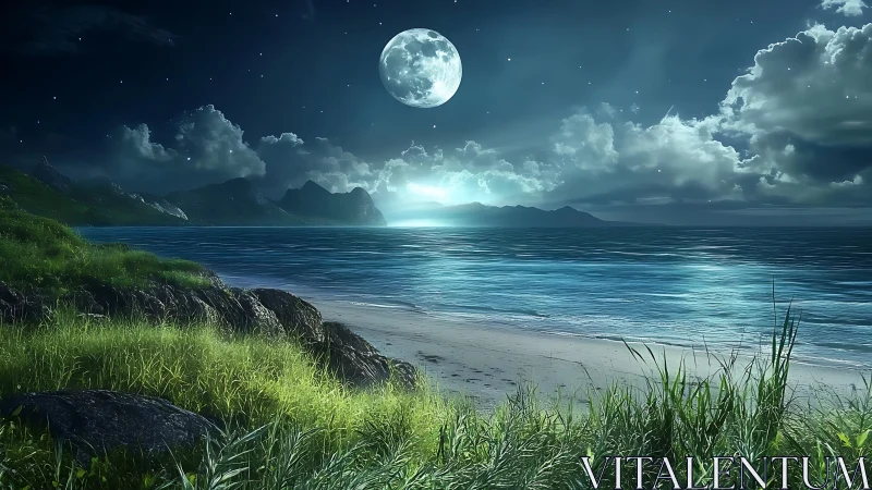 Moonlit shoreline shimmers under dramatic clouds and stars