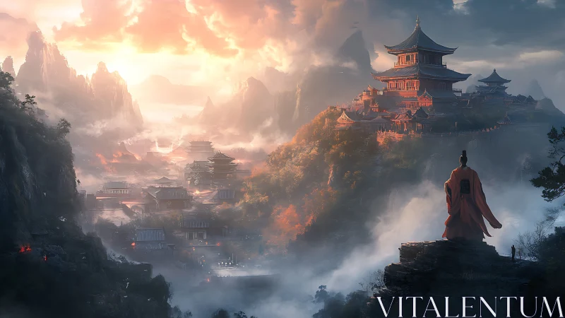 Sunrise over mist-veiled mountain temples of silent resolve.