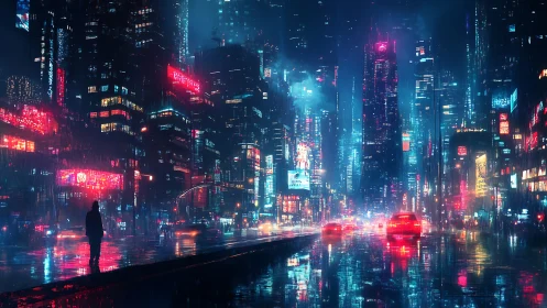 Neon rainstorms drench a lone wanderer in cyber city light.
