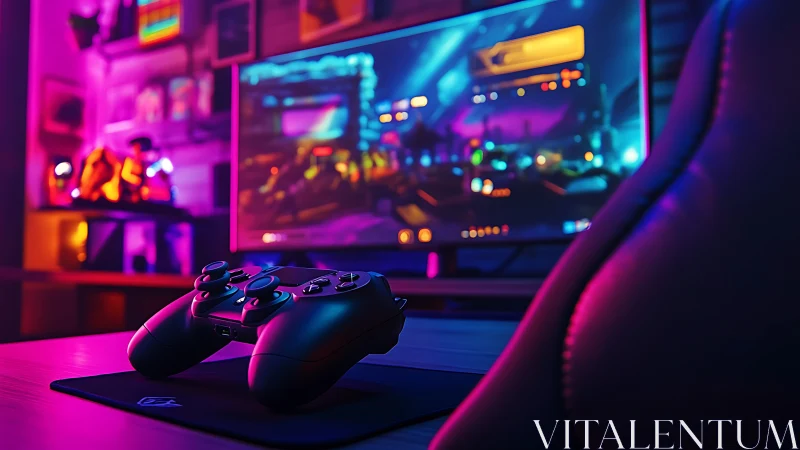 Neon-lit gaming desk with controller and curved monitor.