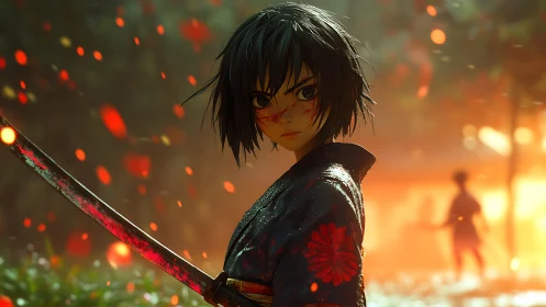 Anime swordsman in bloody kimono against fiery forest glow.