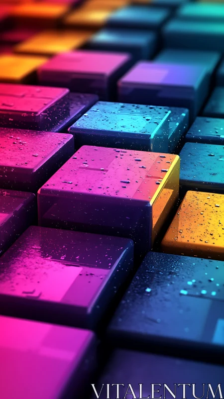 3D chromatic cube grid with glossy gradients and droplets.