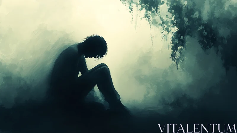 Silhouetted seated figure in misty teal abstract environment.