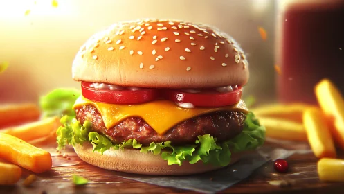 Cheeseburger with fries on wooden table in soft light.