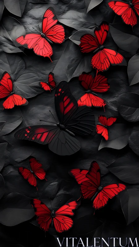 Red butterflies drifting like sparks over midnight leaves.