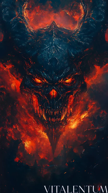 Demonic horned skull emerges through molten inferno vortex