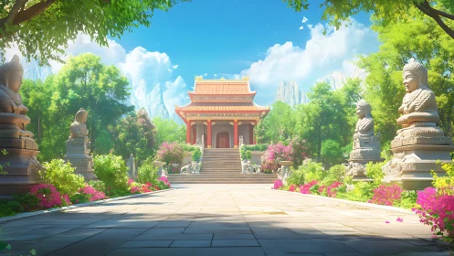 Sunlit temple courtyard with Buddha statues and gardens.