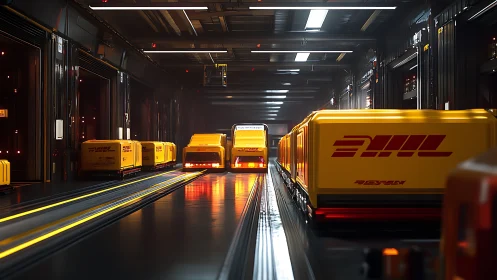 Autonomous yellow cargo pods traverse illuminated high-speed rails