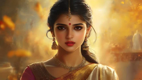 Golden dusk princess in silk and temple-fire radiance.