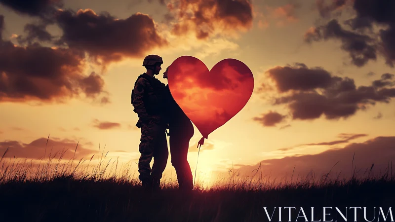 Silhouetted Figure With Giant Heart Balloon Against Dramatic Sunset Sky.