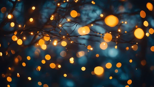 Forest twilight strings tiny suns across drifting branches