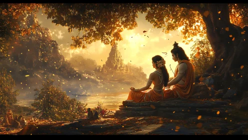 Mythic couple beside river, temple skyline, sunset foliage glow