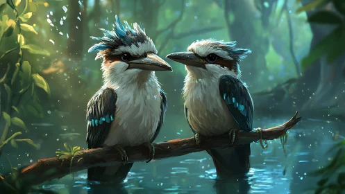 Two colorful kingfishers on a branch in a lush digital forest scene.