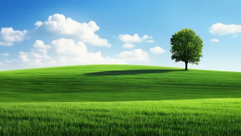 Photorealistic lone tree on sunlit rolling grassland horizon.