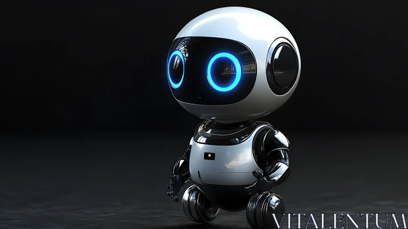 Cute glossy robot with glowing blue eyes on dark background.