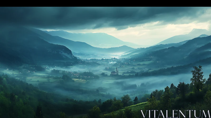 Foggy mountain valley with village and distant church.