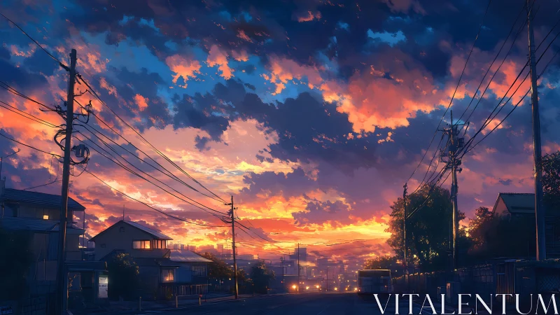 Suburban street with utility poles under dense sunset sky.