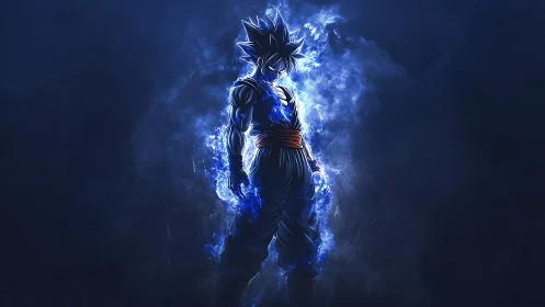Energetic anime warrior silhouette with blue plasma aura field