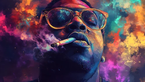 Vivid digital portrait of smoker in neon cloud haze.