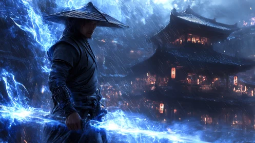 Warrior channels blue lightning before lantern-lit temple