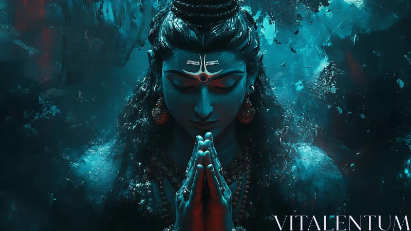 Central blue-toned figure with folded hands is rendered digitally