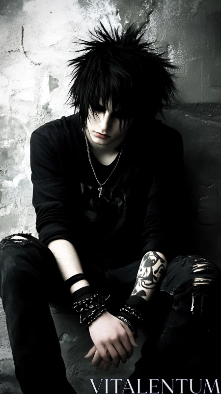 Brooding emo teen in black clothes against worn wall.