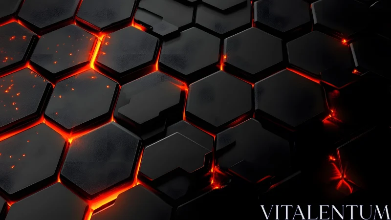 Futuristic hexagonal black tiles with glowing red edges, digital art.