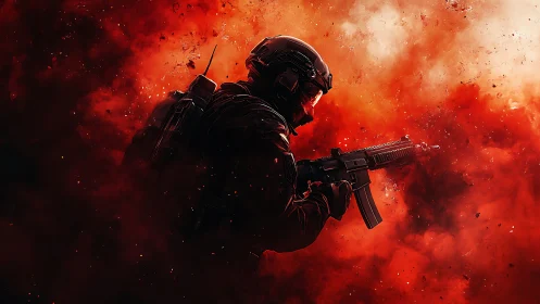 Armored soldier advances through explosive crimson smoke haze