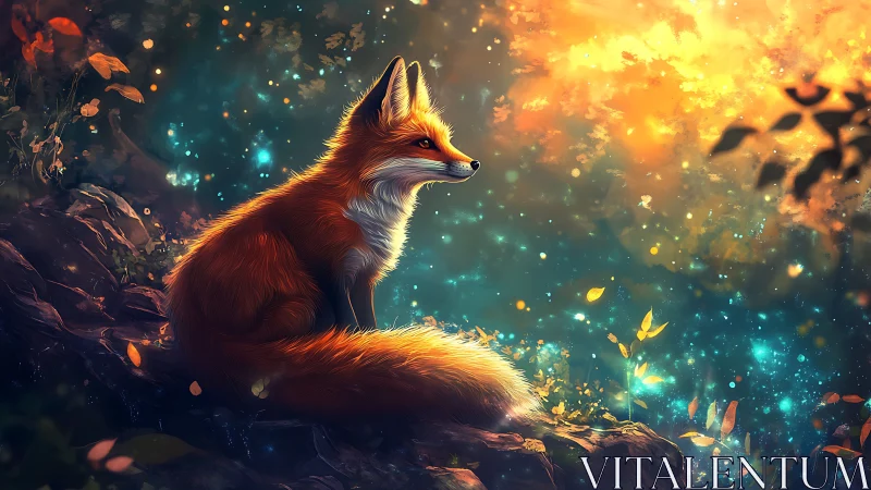 Luminous red fox on forest outcrop in bioluminescent dusk