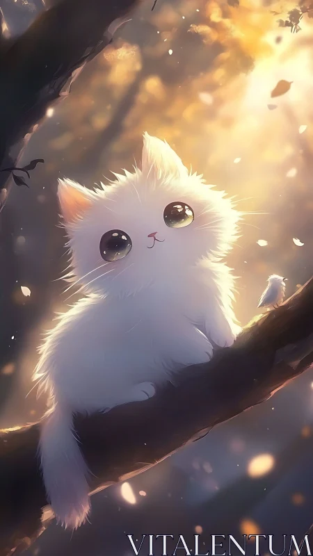 White longhaired kitten sits on tree branch in soft light