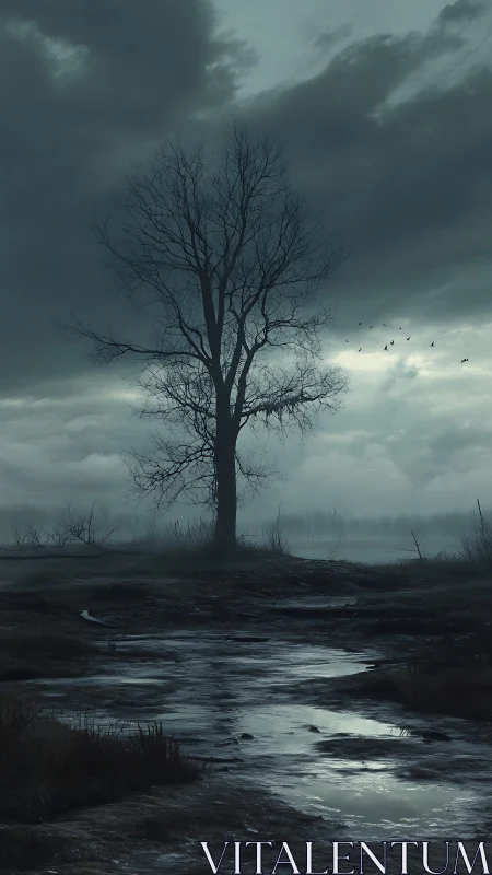 Solitary tree in dark marsh under heavy storm clouds.