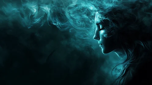 Ethereal female profile dissolves into teal luminous smoke