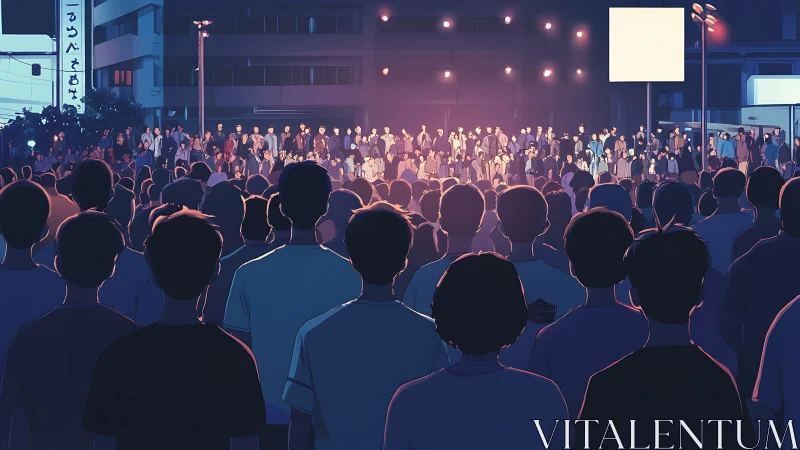 Crowd gathers beneath neon glow for a charged night rally