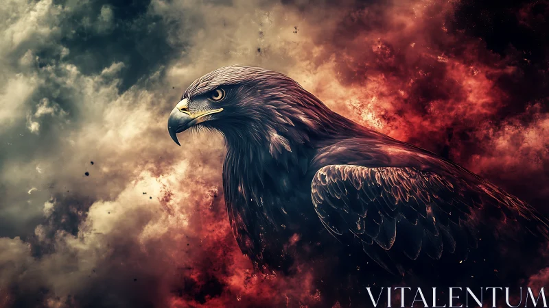Majestic eagle in dramatic clouds digital art with fiery tones.