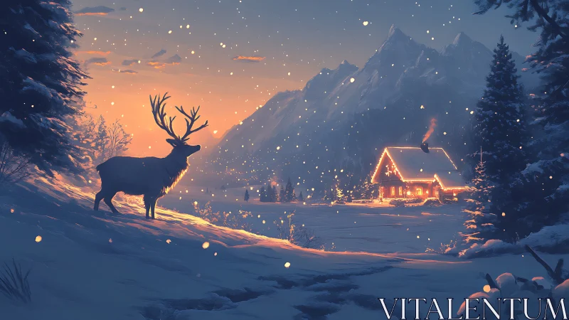 Digital painting of winter stag and alpine cabin at dusk.