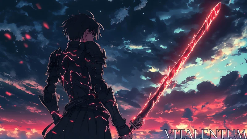 Backlit warrior with energy sword against twilight skyscape.