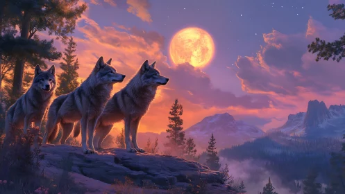 Triangular wolf formation observes full moon over misted valley
