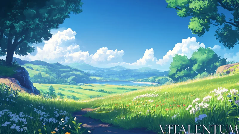 Sunlit valley path overlooks distant lake and rolling hills