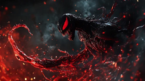 Symbiotic creature rises from molten red tendrils at night