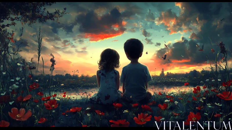 Two children observe dramatic sunset over poppy field.