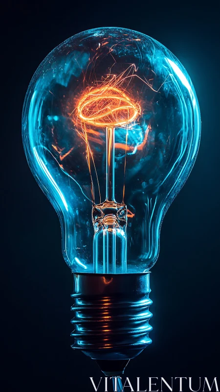 Incandescent light bulb with cyan rim light and fiery filament