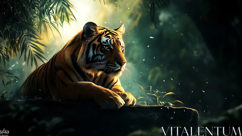 Gentle jungle tiger resting in dappled golden light.