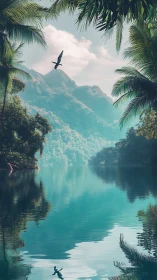 Tranquil tropical lake cradled by misty mountains and palms.