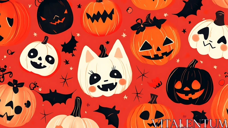 Carved Pumpkin Carnival: Jack-O'-Lanterns Dance Across Crimson Canvas