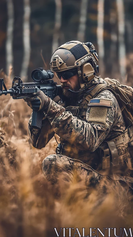 Tactical soldier aims rifle in autumn field under tense calm