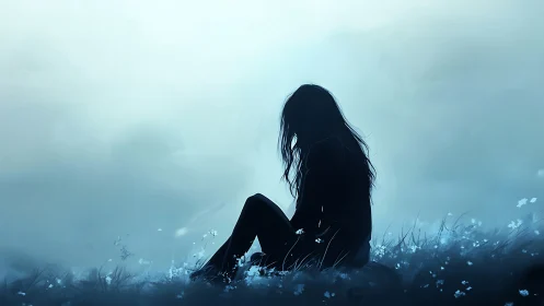 Silhouetted girl sits alone in misty blue meadow at dusk