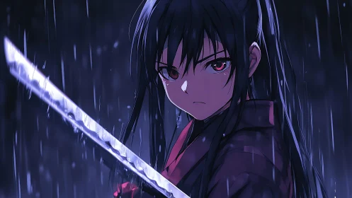 Crimson-eyed swordswoman slices silence in stormlit blue night