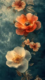 Layered Botanical Composition with Translucent Petals and Distressed Textural Ground