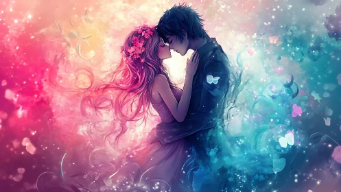 Luminescent Romantic Embrace: Chromatic Gradient Dual-Figure Composition.