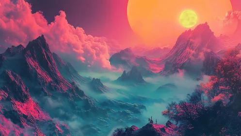 Dreamy neon mountains under a glowing twin sunset.